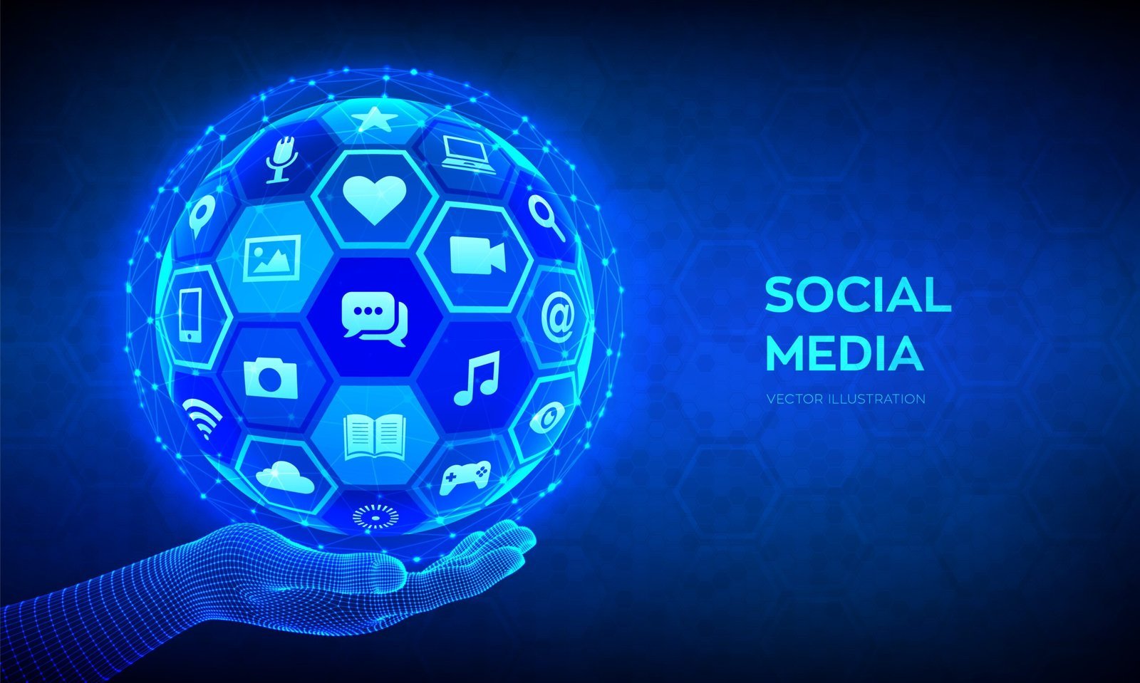Performance marketing freelancer in Ernakulam – social media icons globe held in glowing wireframe hand