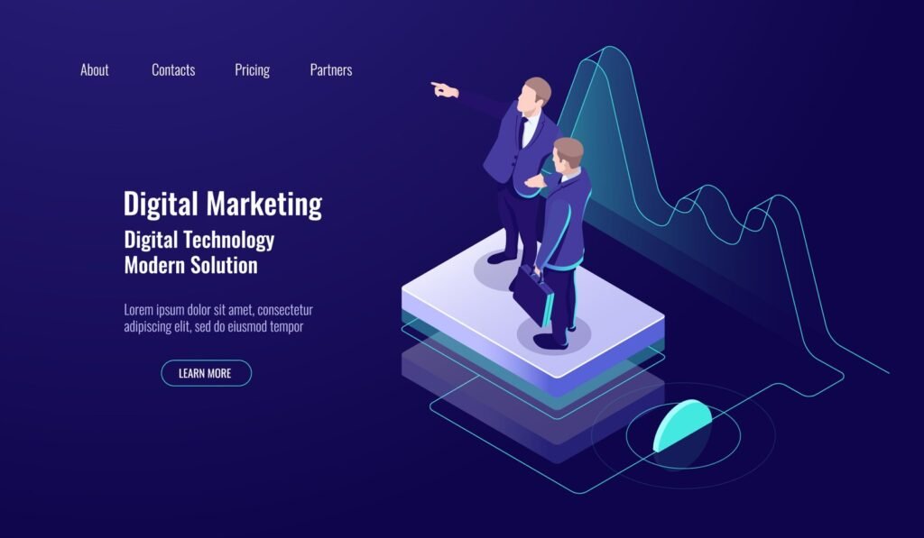 Performance marketing freelancer in Ernakulam – digital marketing illustration of two businessmen viewing analytics graph